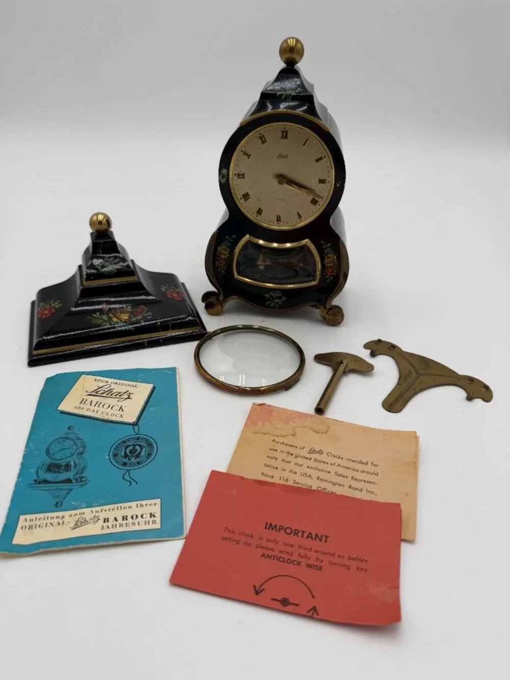 Vintage Schatz Barock 400-Day Clock Key Glass Dome Instructions Parts Floral Des